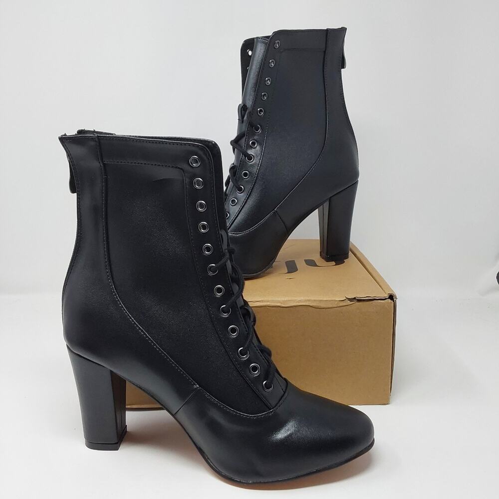 Burju Women's 10 Wide Black Lace Up High Heel Dance Boots Block Heel Zip NWB